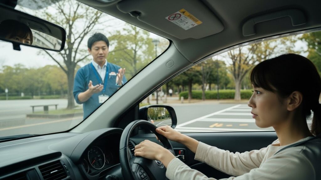 駐車中にインストラクターの指示を受けながら、目線を意識して操作するドライバー
