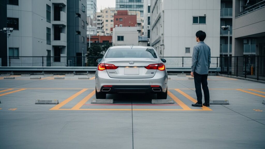 駐車スペースで車の後方を確認しながら、駐車位置をチェックしている様子