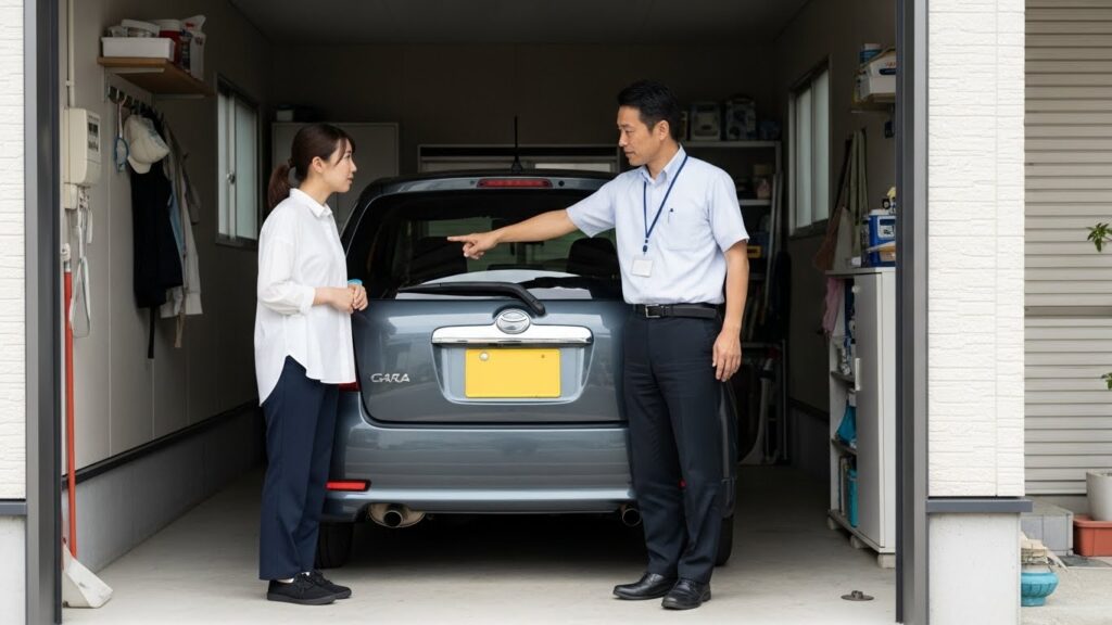 自宅の車庫で、インストラクターと駐車位置や入れ方を確認しているドライバー