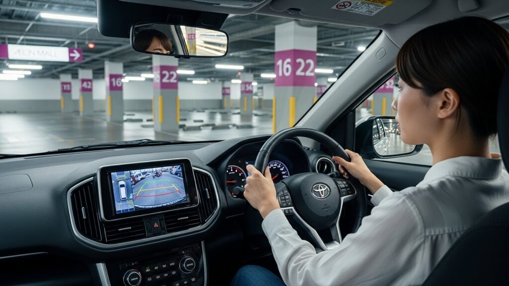 駐車中にモニターと周囲を確認しながら、順序立てて操作しているドライバー