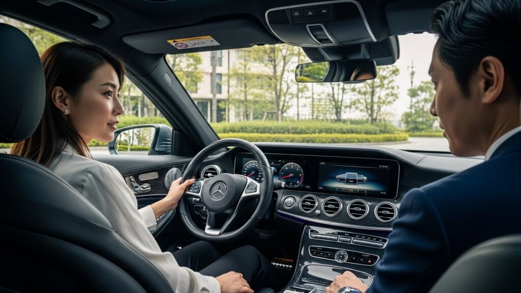 六本木ヒルズ周辺で、左ハンドルのメルセデス・ベンツを運転しながらインストラクターと会話する女性。港区在住者向け外車ペーパードライバー講習の車内シーン。