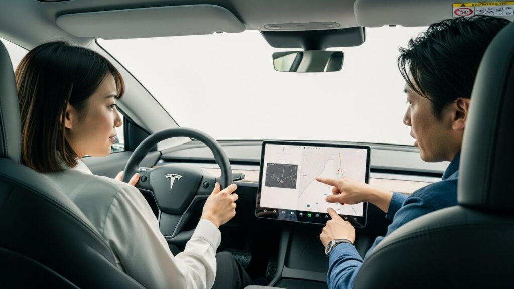 車内でインストラクターがセンターモニターを使い、装置や機能の意味を説明している様子